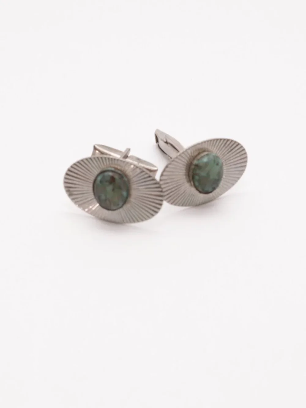 Vintage silver Tone CUFFLINKS Light Green Cabochon